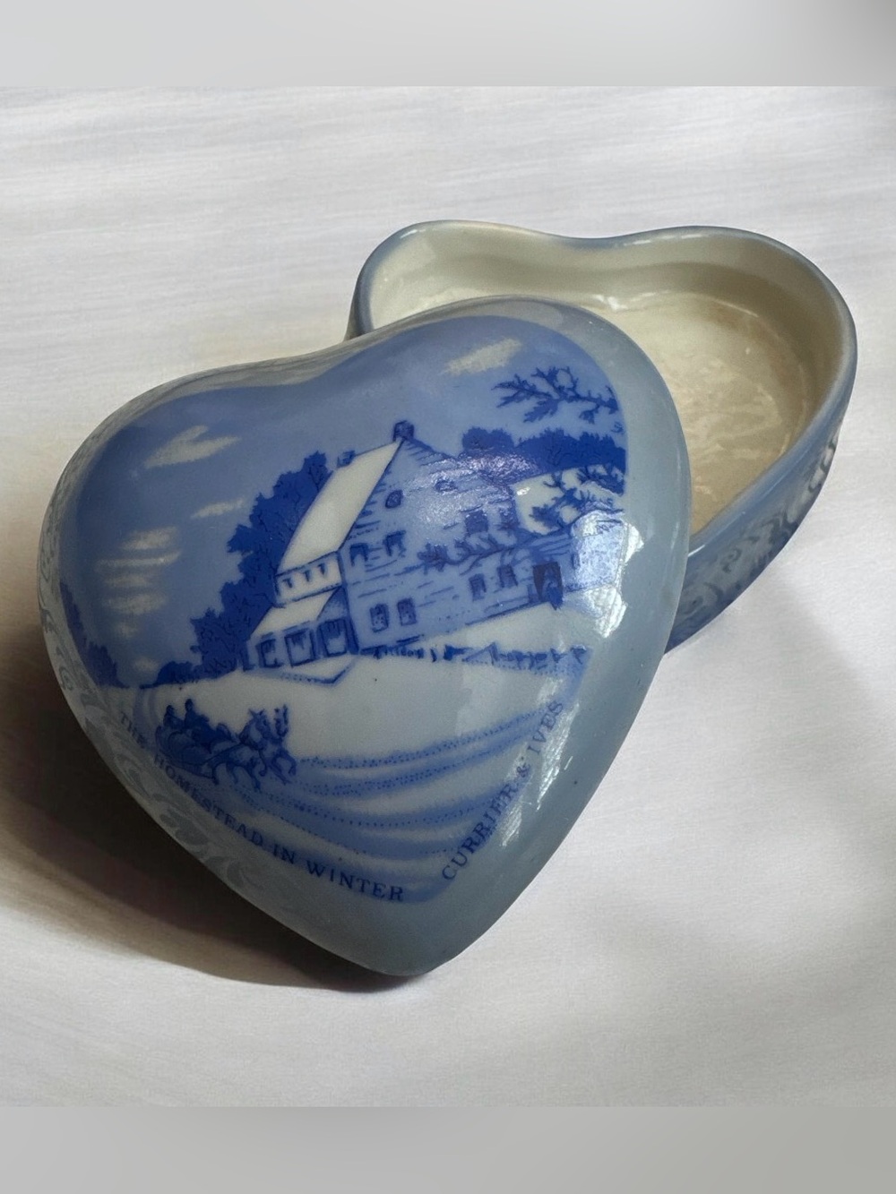 Currier & Ives Blue Heart Shaped Porcelain Trinket Box